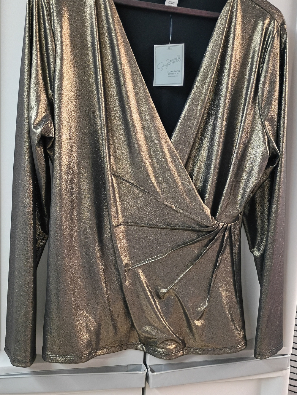 Metallic Gold Wrap-Front Long Sleeve Top